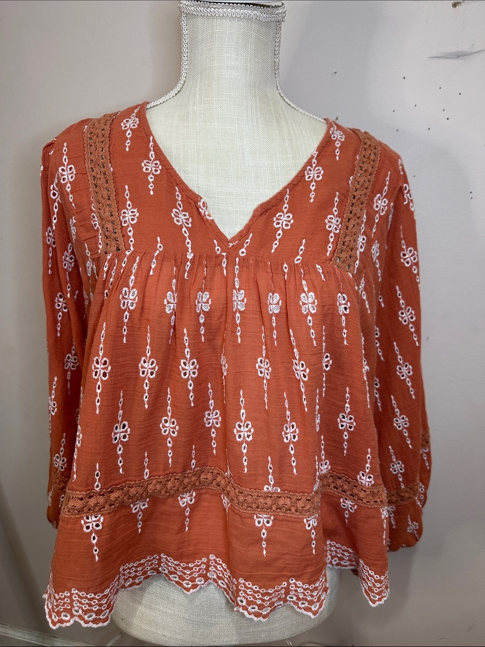 American Eagle Outfitters Rust Orange Embroidered Peasant Top